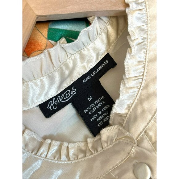 Hale Bob Women's Cream Satin Tropical Floral Button Up Blouse Sz M Ruffled Retro - Picture 4 of 6